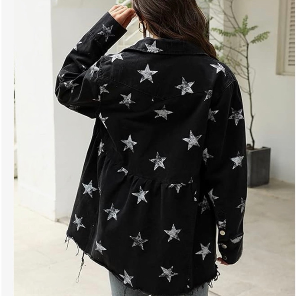Casual Frayed Raw Hem Star Patterned Mid-long Black Peplum Denim Jacket - Picture 4 of 4